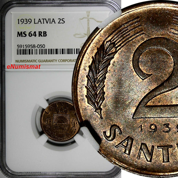 LATVIA Bronze 1939 2 Santimi NGC MS64 RB 1 YEAR TYPE Mint Luster KM# 11.2 (050)