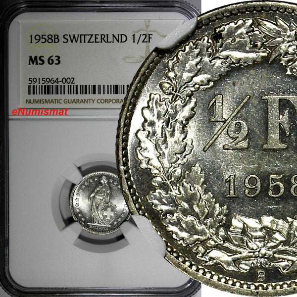 Switzerland Silver 1958 B 1/2 Franc Standing Helvetia NGC MS63 KM# 23 (002)