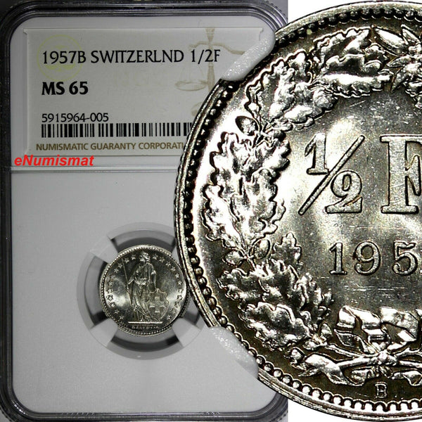 Switzerland Silver 1957 B 1/2 Franc Standing Helvetia NGC MS65 KM# 23 (005)