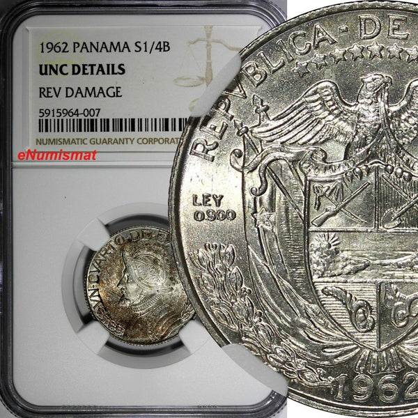 Panama Vasco Núñez de Balboa Silver 1962 1/4 Balboa NGC UNC DETAILS KM#11.2(007)