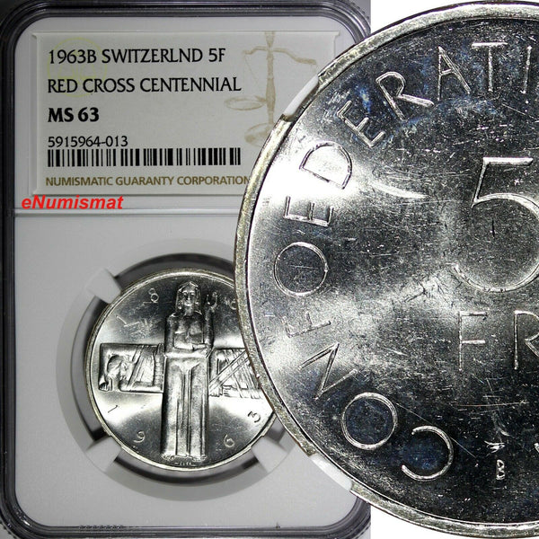 Switzerland Silver 1963 5 Francs Red Cross Centennial NGC MS63 KM# 51 (13)