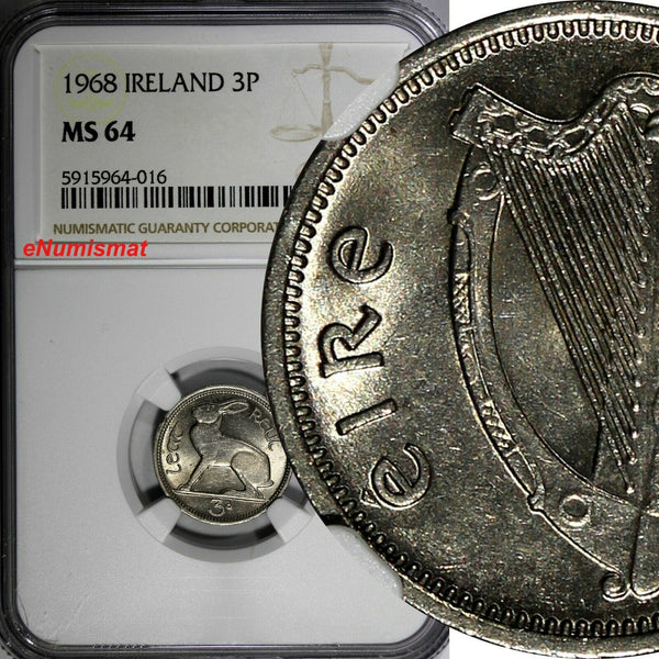 Ireland Republic Copper-Nickel 1968 3 Pence NGC MS64 LAST YEAR TYPE KM# 12a(16)