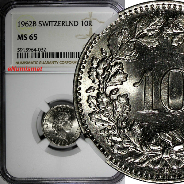 Switzerland Copper-Nickel 1962 B 10 Rappen NGC MS65 NICE BU KM# 27 (032)