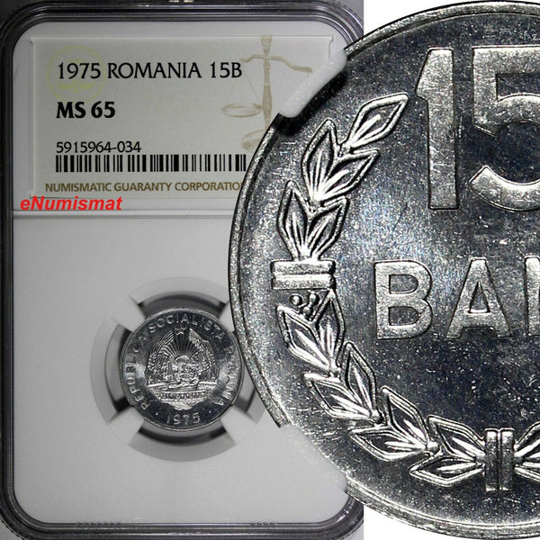 Romania Aluminium 1975 15 Bani NGC MS65 1 YEAR TYPE KM# 93a (034)