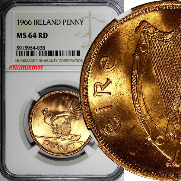 IRELAND Republic Bronze 1966 1 Penny NGC MS64 RD NICE RED Hen Chicks KM# 11 (38)