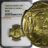 San Marino 1992 R 200 Lire Discovery of America NGC MS66 TOP GRADED KM# 285 (39)
