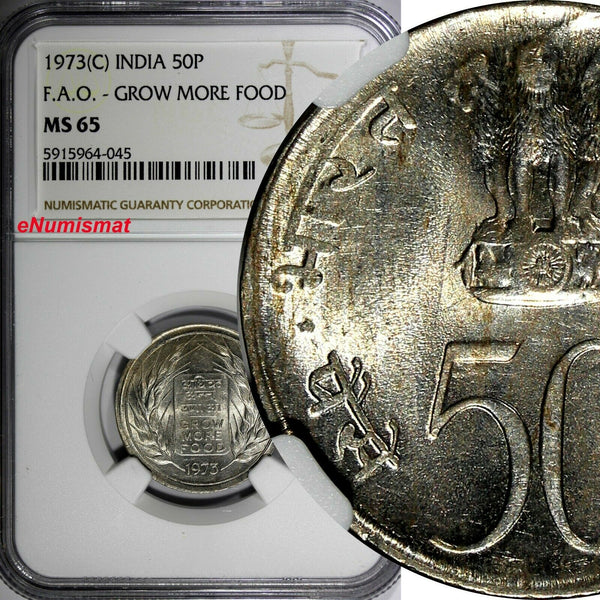 India-Republic 1973 (C) 50 Paise Calcutta NGC MS65 FAO TOP GRADED KM# 62 (45)