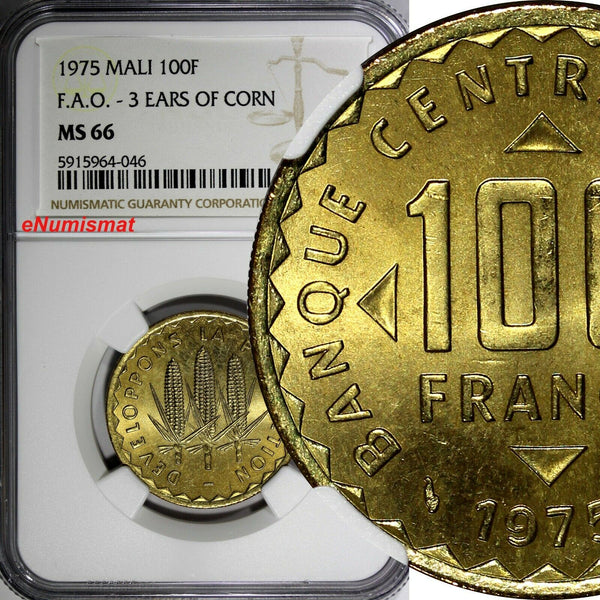 Mali 1975 100 Francs FAO 3 Years Corn NGC MS66 TOP GRADED BY NGC KM# 10 (046)