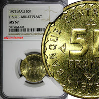 Mali 1975 50 Francs FAO-Millet Plant NGC MS67 1 GRADED HIGHEST KM# 9 (047)