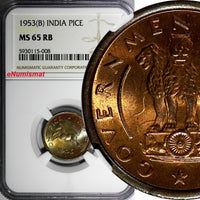 India-Republic Bronze 1953 (B) Pice Mumbai NGC MS65 RB TOP GRADED KM# 1.4 (008)