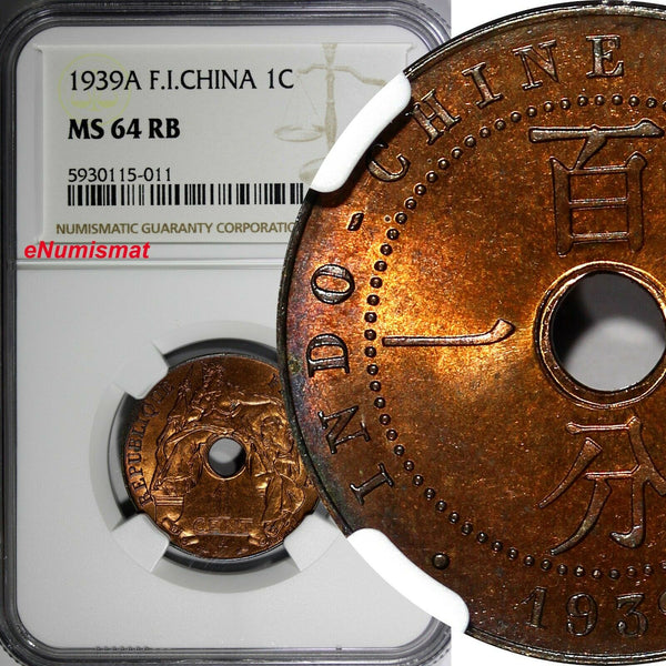 French Indo China,Colonial Vietnam Bronze 1939 A 1 Cent NGC MS64 RB KM# 12.1 (1)