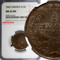 Sweden Carl XIV Johan Copper 1842 2/3 Skilling NGC MS62 BN KM# 641 (012)