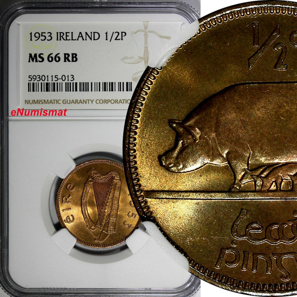 Ireland Republic Bronze 1953 1/2 Half Penny NGC MS66 RB TOP GRADED KM# 10 (013)