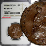 Great Britain Victoria Copper 1854 1/2 Penny NGC MS64 BN Nice Toned KM#726 (014)