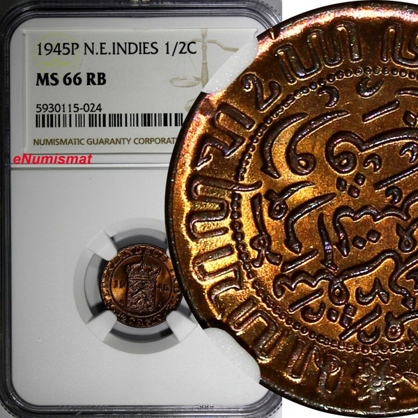 Netherlands East Indies Wilhelmina I 1945 P 1/2 Cent NGC MS66 RB KM# 314.2 (024)