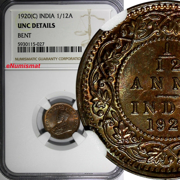 India-British George V Bronze 1920 (C) 1/12 Anna NGC UNC DETAILS KM# 509 (027)