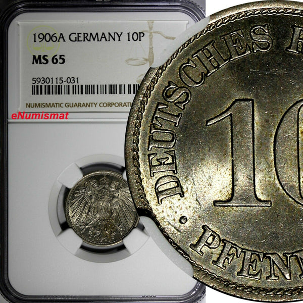 Germany - Empire Wilhelm II 1906 A 10 Pfennig NGC MS65 1 GRADED HIGHEST KM#12(1)