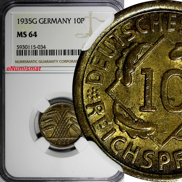 Germany - Weimar Republic 1935 G 10 Reichspfennig NGC MS64 TOP GRADED KM# 40 (4)
