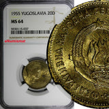 Yugoslavia Aluminum-Bronze 1955 20 Dinara NGC MS64 1 YEAR TYPE KM# 34 (037)