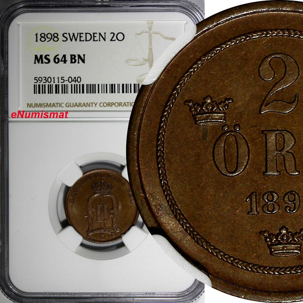 Sweden Oscar II Bronze 1898 2 Ore NGC MS64 BN 1 GRADED HIGHEST KM# 746 (040)