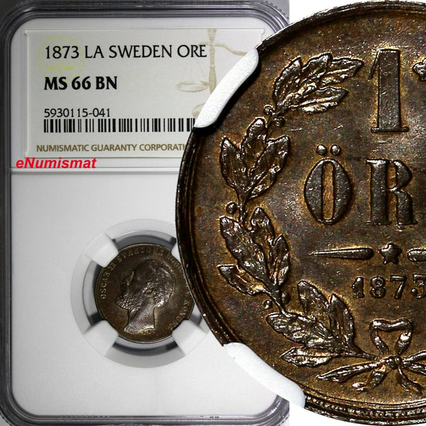 SWEDEN Oscar II Bronze 1873 LA 1 Ore NGC MS66 BN TOP GRADED BY NGC KM# 728 (041)