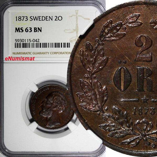 SWEDEN Oscar II Bronze 1873 2 Ore NGC MS63 BN Nice Toning 1 YEAR TYPE KM# 729(2)