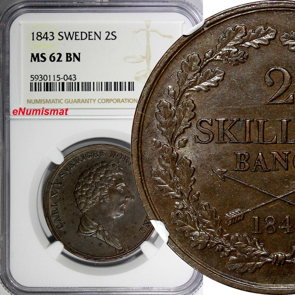 Sweden Carl XIV Johan Copper 1843 2 Skilling NGC MS62 BN  SCARCE KM# 643 (043)