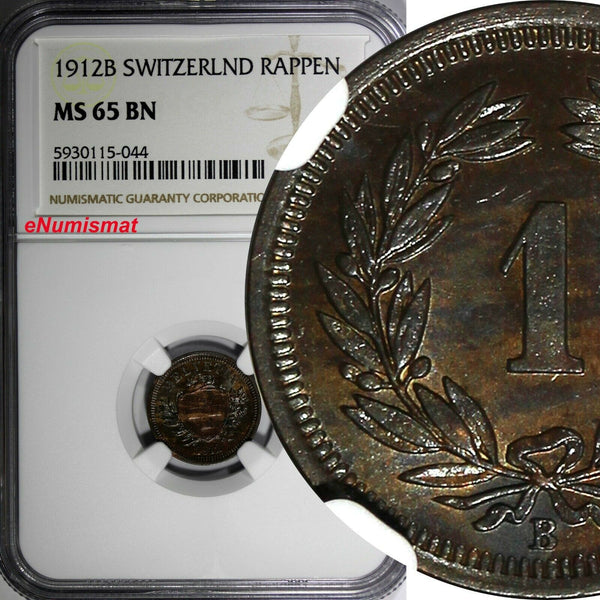 Switzerland Bronze 1912 B 1 Rappen NGC MS65 BN HELVETIA TOP GRADED KM# 3.2 (4)