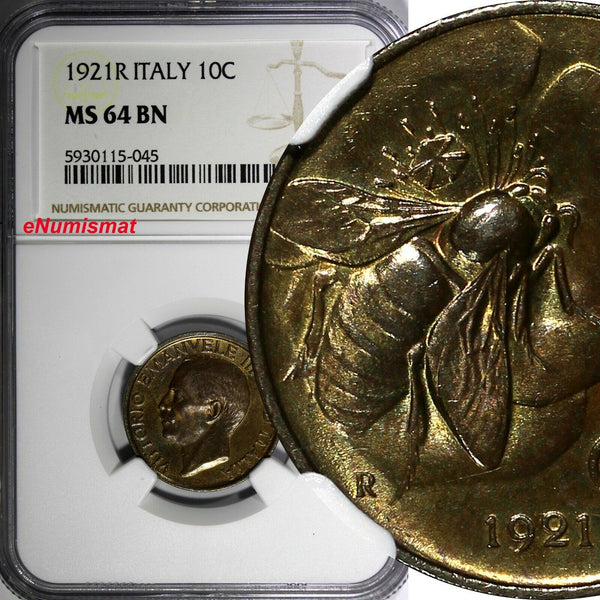 Italy Vittorio Emanuele III 1921 R 10 Centesimi NGC MS64 BN KM# 60 (045)