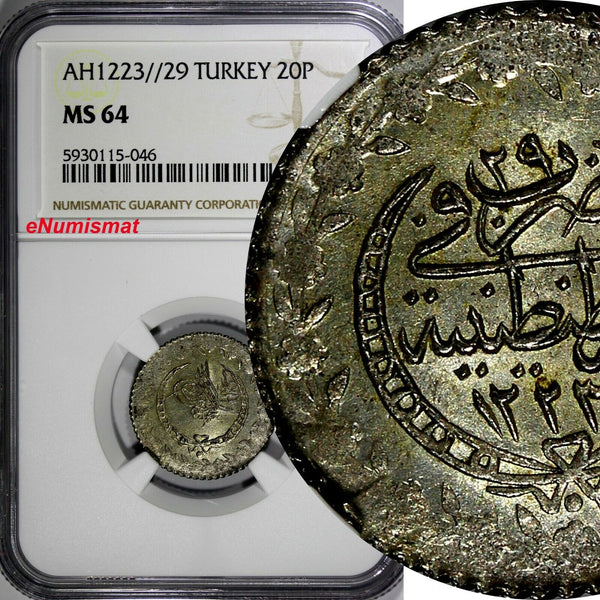 Turkey Mahmud II Silver AH1223//29 (1836) 20 Para NGC MS64 TOP GRADED KM#596 (6)