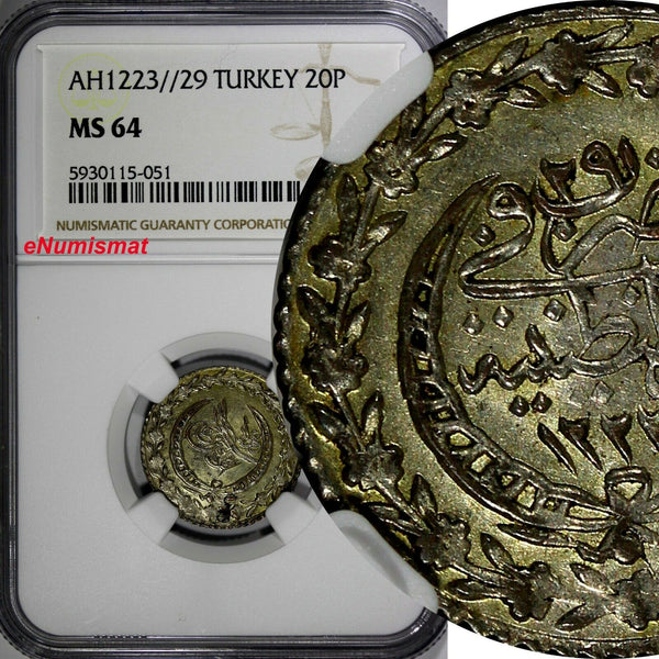 Turkey Mahmud II Silver AH1223//29 (1836) 20 Para NGC MS64 TOP GRADED KM#596 (1)