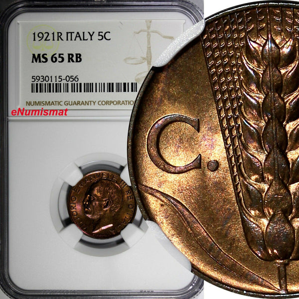 ITALY Vittorio Emanuele III Bronze 1921 R 5 Centesimi NGC MS65 RB KM# 59  (056)