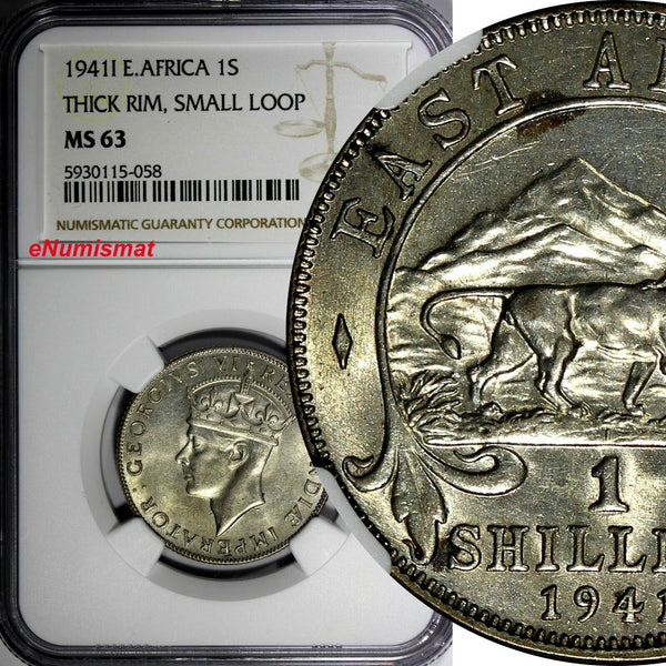 East Africa George VI Silver 1941 I Shilling NGC MS63 THICK RIM RARE KM#28.2(8)