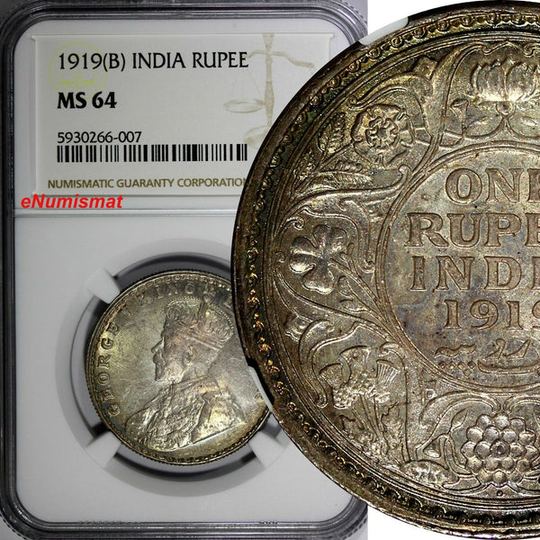 India-British George V Silver 1919 (B) 1 Rupee NGC MS64 MINT LUSTER KM# 524(007)