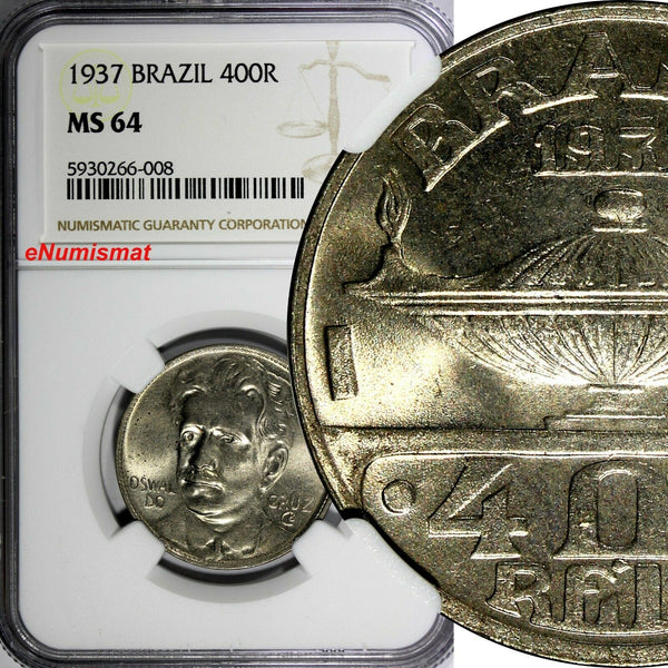 Brazil Oswaldo Cruz Copper-Nickel 1937 400 Reis NGC MS64 KM# 539 (008)