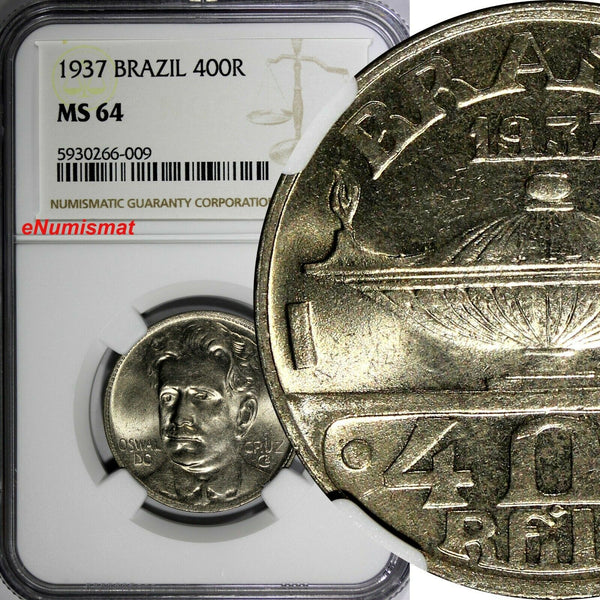 Brazil Oswaldo Cruz Copper-Nickel 1937 400 Reis NGC MS64 KM# 539 (009)