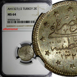 Turkey Mehmed V Silver AH1327//2 (1910) 2 Kurush NGC MS64 1 GRADED HIGH KM#749.