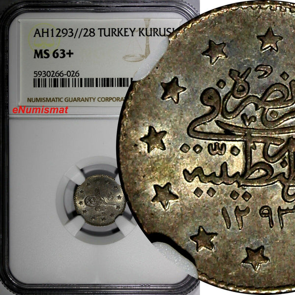 Turkey Abdul Hamid II Silver AH1293//28 (1903) Kurush NGC MS63+ PLUS KM# 735(26)