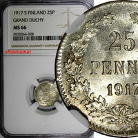 Finland Nicholas II Silver 1917 S 25 Pennia NGC MS66 Grand Duchy KM# 6.2 (028)