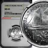 Saint Pierre & Miquelon Aluminium 1948 1 Franc NGC MS65 Paris Mint KM# 1 (010)