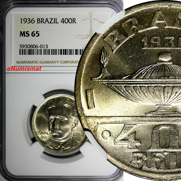 Brazil 1936 400 Reis NGC MS65 Oswaldo Cruz,Mint Luster Toned  KM# 539 (13)
