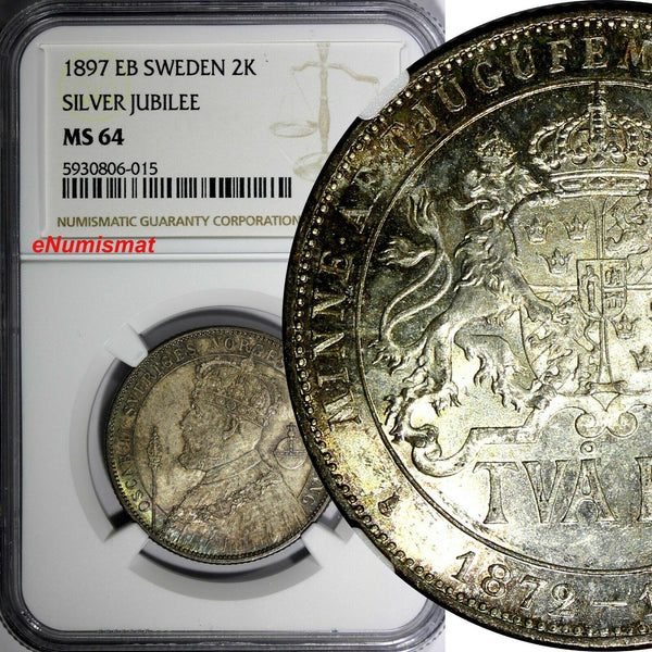 SWEDEN Silver Jubilee Oscar II 1897 EB 2 Kronor NGC MS64 KM# 762 (015)