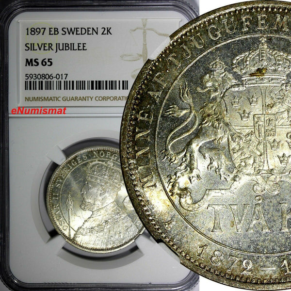 SWEDEN Silver Jubilee Oscar II 1897 EB 2 Kronor NGC MS65 KM# 762 (017)