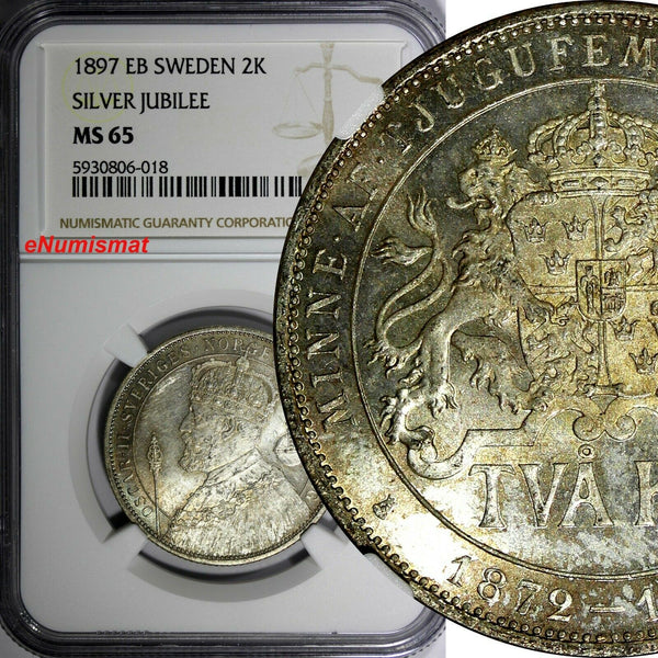 SWEDEN Silver Jubilee Oscar II 1897 EB 2 Kronor NGC MS65 KM# 762 (018)