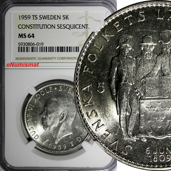 SWEDEN Silver 1959 TS 5 Kronor NGC MS64 Constitution Sesquicentennial KM#830(9)