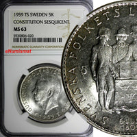 SWEDEN Silver 1959 TS 5 Kronor NGC MS63 Constitution Sesquicentennial KM#830(0)