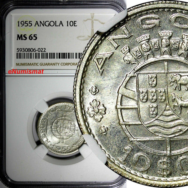 Angola Portuguese Colony Silver 1955 10 Escudos NGC MS65 KM# 73 (022)