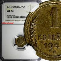 Russia USSR 1941 1 Kopeck NGC MS64 BETTER DATE WWII Issue Y# 105 (023)
