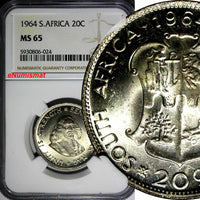 SOUTH AFRICA Silver 1964 20 Cents LAST YEAR TYPE NGC MS65  KM# 61 (024)