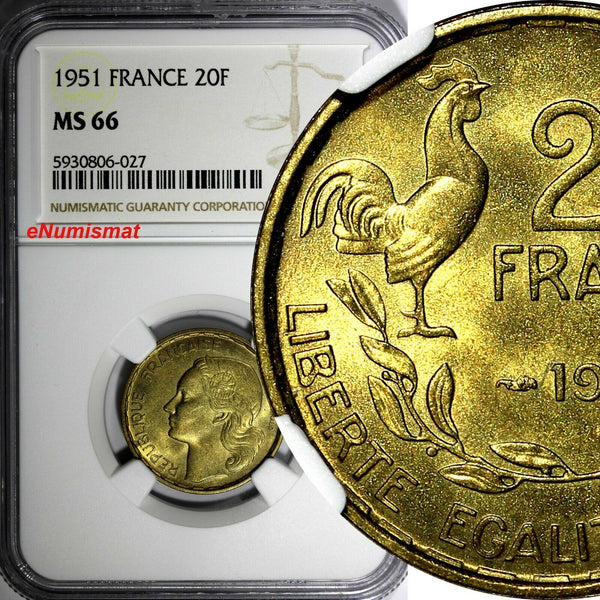 FRANCE Aluminum-Bronze 1951 20 Francs NGC MS66 1 GRADED HIGHEST KM# 917.1 (027)